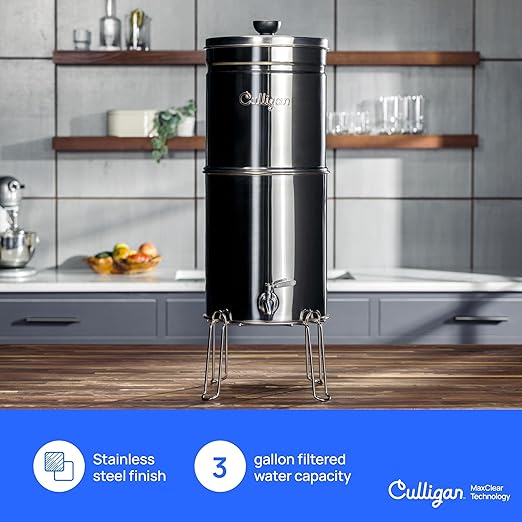 Culligan with MaxClear Technology 3 Gallon Gravity Water Filter System, Brushed Countertop Ceramic Water Filter NSF/ANSI Certified to Reduce Lead, Microplastics & Total PFAS, with 3 Filters