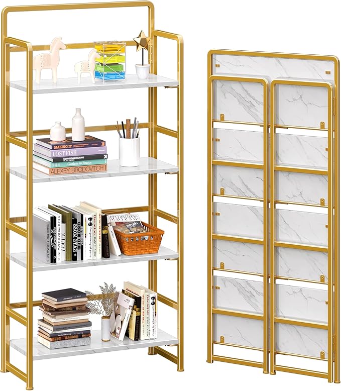 4NM No Assembly Folding Bookshelf, 4-Shelf 54" H Collapsible Foldable Bookcase Storage for Small Spaces, White and Golden