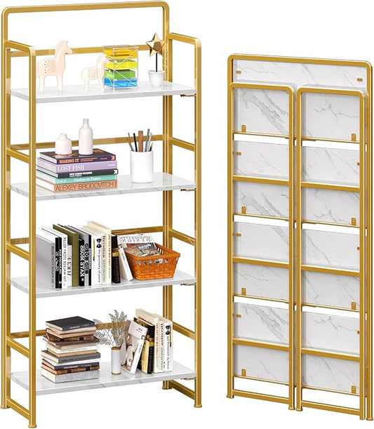 4NM No Assembly Folding Bookshelf, 4-Shelf 54" H Collapsible Foldable Bookcase Storage for Small Spaces, White and Golden