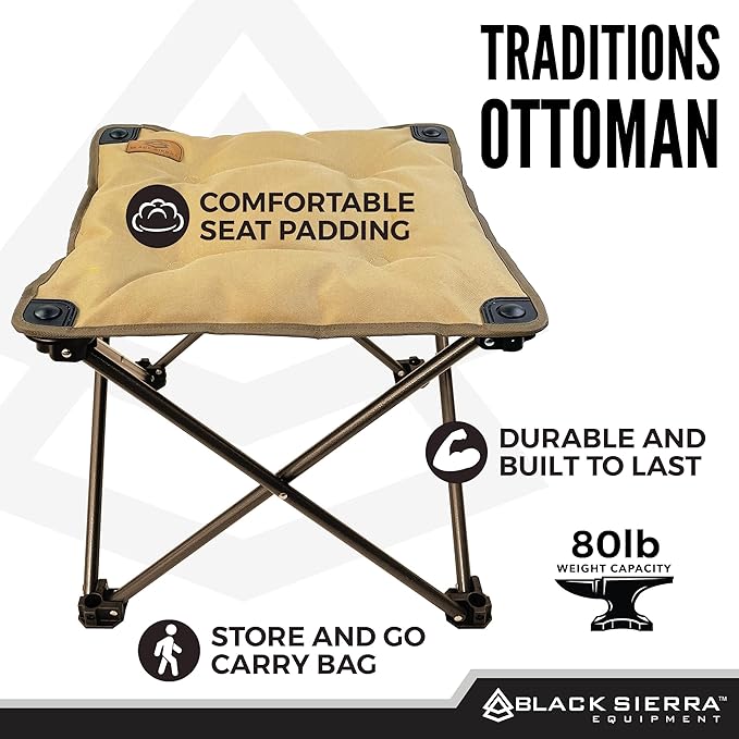 Black Sierra Traditions Camping Foot Stool, Folding Camp Ottoman, Lightweight Collapsible Camp Footrest, Folding Camping Footrest, Lightweight Beach Chair Footrest, Portable Folding Outdoor Footrest