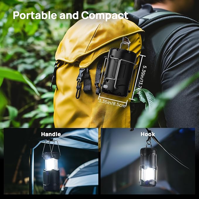 2 Pack Collapsible LED Camping Lantern, Consciot USB C Rechargeable and Battery Powered 2-in-1 Emergency Light with Flashlight and Magnetic Base, Power Outages Hurricane Supplies Survival Kits,Black