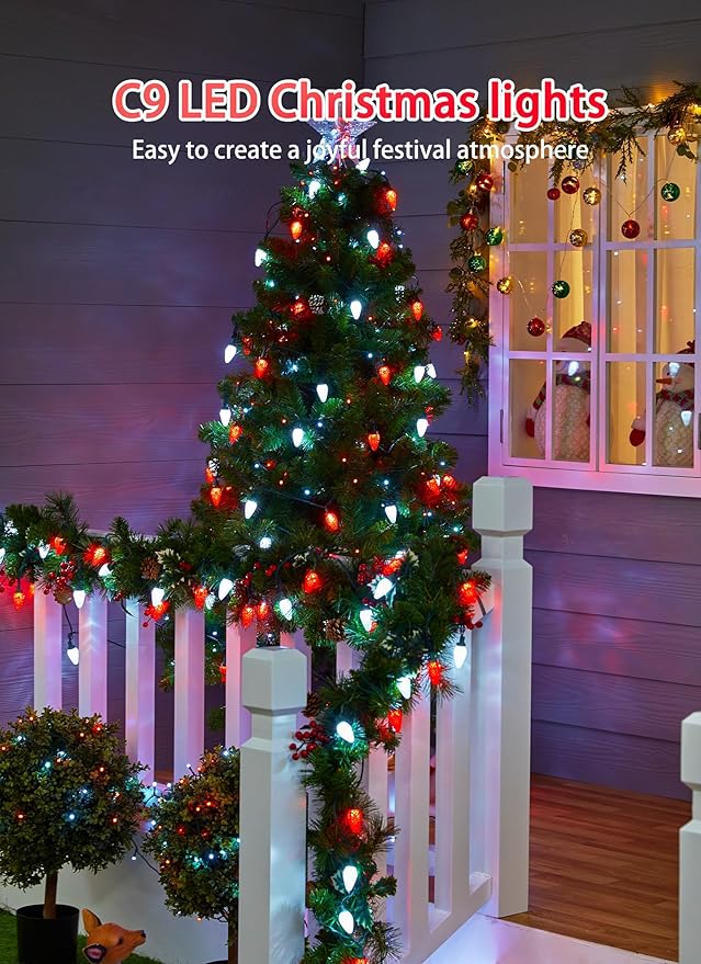 2 Pack C9 LED Christmas String Lights - Each 82ft 100 LED Outdoor String Lights with Timer and 8 Lighting Modes, Plug in Extendable Roofline Lights String for Outside Yard Christmas Holiday Decoration