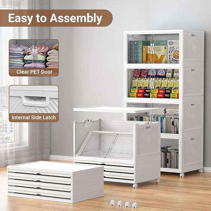 300QT Extra Large Stackable Storage Bins, 75Gal Clear Plastic Closet Organizer Cabinet with Lid and Wheels, Collapsible Latch Boxes Folding Drawer with Door for Home Kitchen, V20 3Pack White