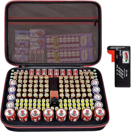 casmilee Battery Organizer & Storage Case with Tester for 162+ AA AAA 4A C D 9V 3V Lithium LR44 CR2 CR123 CR1632 CR2032 18650 Button - Batteries Not Included (Red)