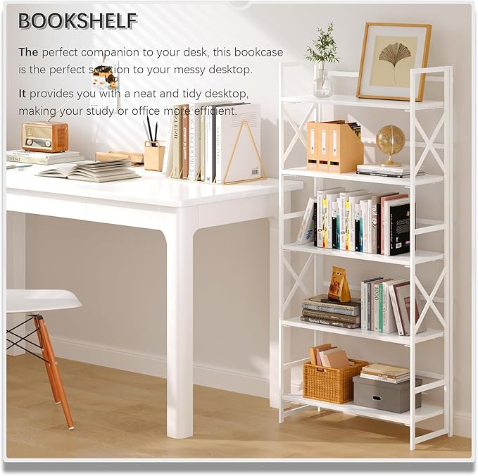 4NM 6 Tiers No Assembly Book Shelves, 61.8" H Folding Bookshelf Bookcase Open Industrial Foldable Shelves for Bedroom, Living Room, Home Office - All White