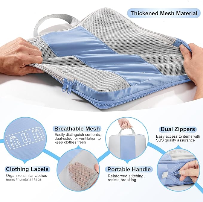 10 Set Compression Packing Cubes for Travel Essentials,Compressible Expandable Packing Cubes for Suitcase,OlarHike Luggage Organizer Bags for Travel,Handy Helper for Organizing Clothes(Light Blue)