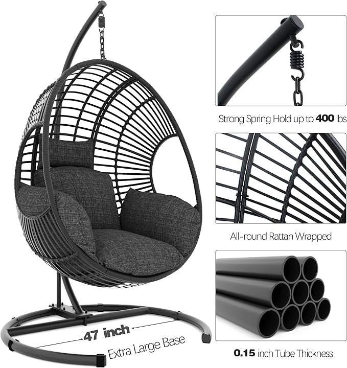 Oversized Hanging Egg Chair Outdoor Indoor, Wicker Swing Egg Chair with Stand 400lbs Capacity for Bedroom, Patio, Garden and Balcony (Black-Regular, Oversize)