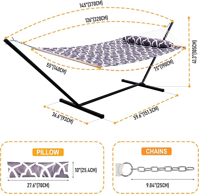 Lazy Daze Quilted Fabric Hammock with 12-Foot Stand, Double 2-Person Hammock with Pillow for Outdoor Outside Patio, Garden, Backyard, 450LB Capacity, Gray Print