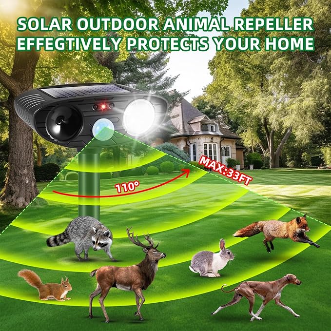 4Pack Ultrasonic Raccoon Repellent Outdoor Solar Animal Repellent with Motion Sensor&Strobe Light Cat Deterrent Outdoor Deer Repellent Device to Scare Skunk Squirrel Rabbit Repellent for Yard