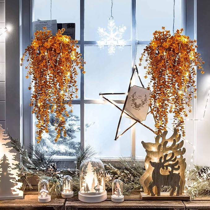 Fall Artificial Hanging Plants Artificial Fall Flowers Faux Autumn Plants Faux Hanging Plants Artificial Plants Fake Plants with Lights for Thanksgiving Indoor Outdoor Wedding Garden Party (Brown)