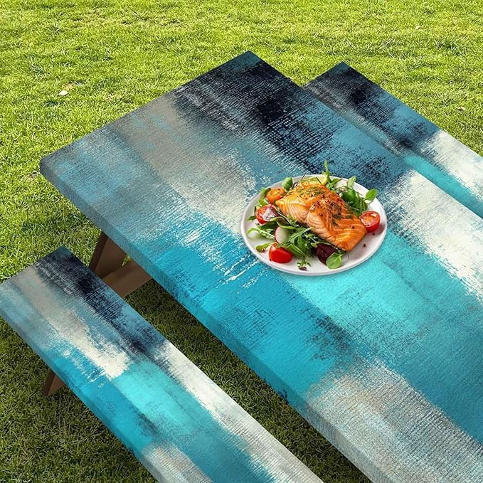 CAPSCEOLL Picnic Table Cover with Bench Covers 8Ft Waterproof Fitted Camping Tablecloth All-Weather Outdoor Table Protector with Drawstring Bag for Camping Essentials, 96X30In, Blue White