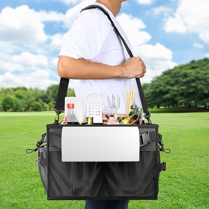 FANGSUN Grill Caddy, BBQ Caddy with Paper Towel Holder, Picnic Griddle Caddy for Outdoor Camping, Barbecue Accessories Storage Organizer for Utensil Grilling Tool, Must Have for Camper Tailgating Rv