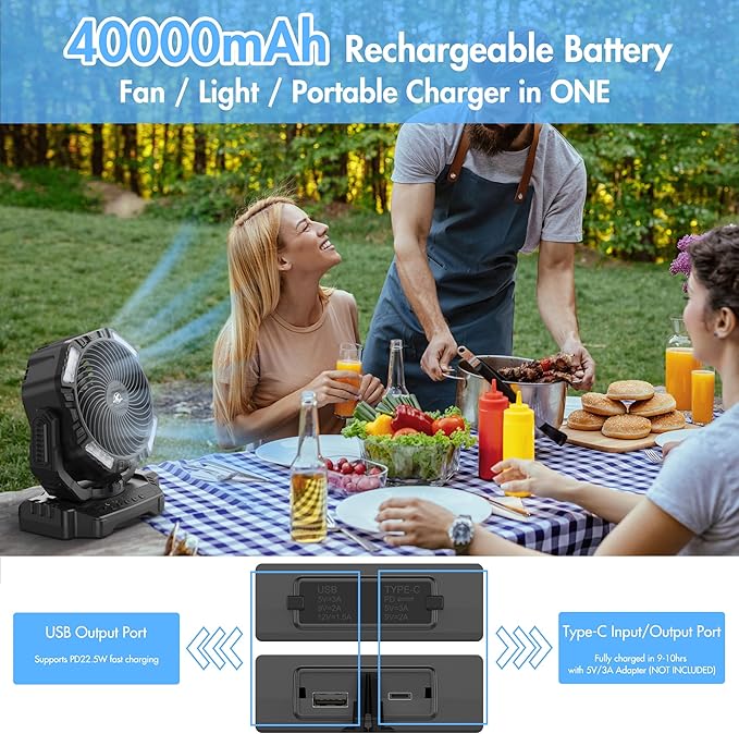 40000mAh Battery Powered Camping Fan - 136H Max Cooling, Rechargeable Battery Operated Oscillating Floor Fan with Charger, Remote & Hook, Portable for Tent Outdoor Patio Garage Hurricane Power Outage