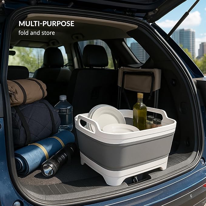 Collapsible Dish Basin - 2.4 Gal (9L) with Drain Plug – Foldable Multiuse Sink Tub for Kitchen, Camping, RV, Dishwashing & Vegetable Washing (Gray)