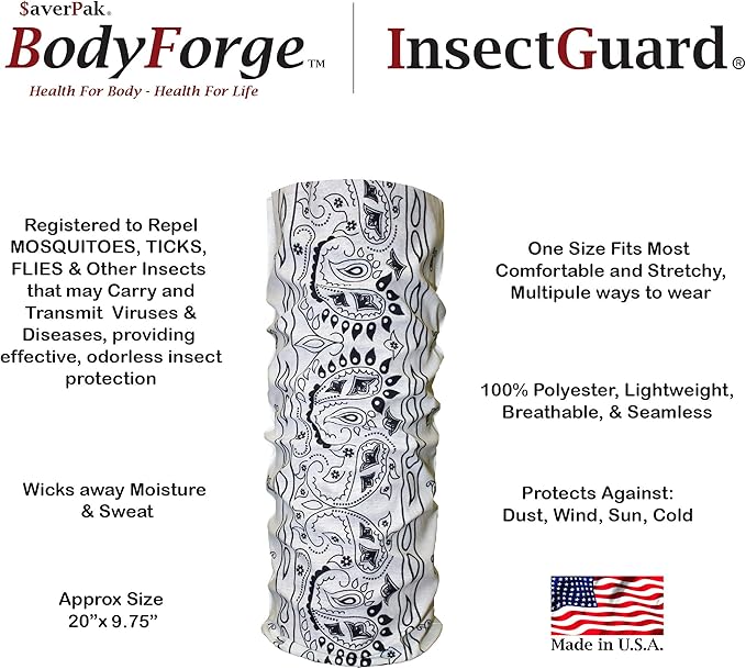 $averPak BodyForge & InsectGuard - Permethrin Treated Mosquitoes, Flies, Ticks & More Insect Repellent Tube Bandanna Neck Gaiter Headband (White Paisley)