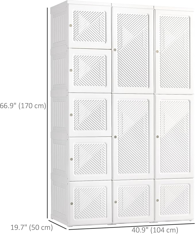 HOMCOM Portable Wardrobe Closet, Folding Clothes Storage Organizer with 8 Cube Compartments, 2 Hanging Rods, 11 Magnet Doors, White