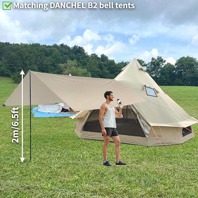 DANCHEL OUTDOOR B2I Inflatable Camping Tent 9.8ft, No Center Pole Lightweight Blow Up Bell Tent with Stove Jack, Skylight, Pump, Waterproof 300D Oxford Glamping Yurt for 1-3 Person Family