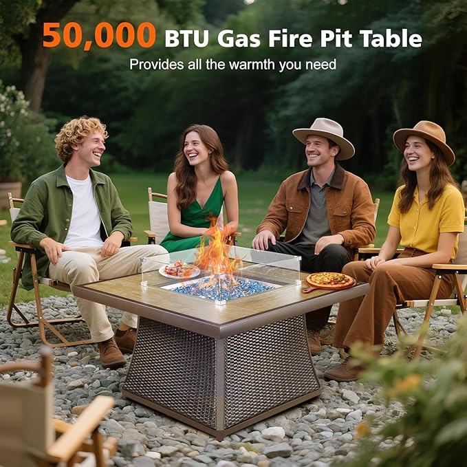 42" Propane Fire Pit Table, Patio Dining Fire Pit Table, 50,000BTU CSA Certified, Tile, Aluminum, & Wicker Details, with Lid&Wind Guard, Outdoor Fire Pit Accessories Included, for Garden, Yard