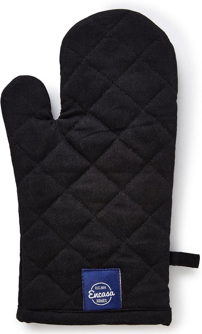 Encasa Heat Resistant Cotton Oven Gloves Mitts (2 Pc Set) - Quilted & Safe 12x7 in - for Kitchen, Cooking & Baking, Grilling, Handling Hot Pots & Pans - Full Black