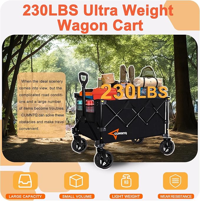 Collapsible Wagon Cart with Wheels, Heavy Duty Foldable Wagon Cart with 230lbs Weight Capacity, Utility Beach Wagons Portable for Outdoor, Grocery, Camping, Shopping, Black