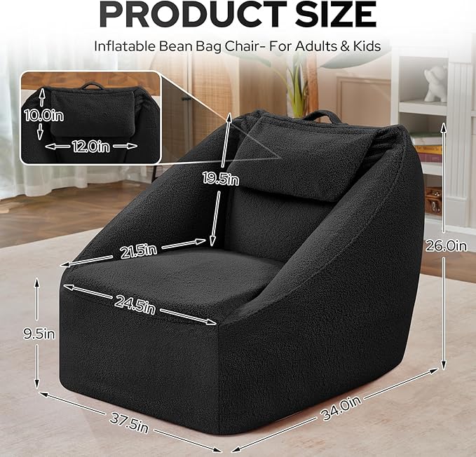 HABUTWAY Inflatable Bean Bag Chairs for Adult Blow up Chair Portable Inflatable Bean Bag Couch w/Electric Air Pump,Handle & Side Pocket for Movie Night Reading Gaming Living Room - Black