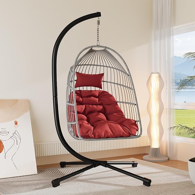 Foldable Hanging Egg Chair with Stand, HDPE Rattan and Heavy Duty Aluminum-Steel Frame, Outdoor Patio Wicker Swing Egg Chair with Headrest and Cushioned, 350 Lbs Capacity (Burgundy Red)