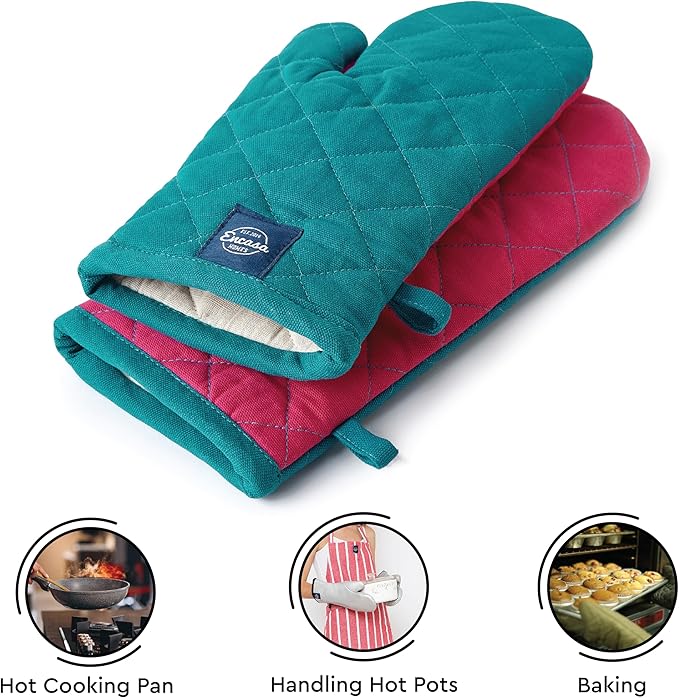 Encasa XO Heat Resistant Cotton Oven Gloves Mitts (2 Pc Set) - Quilted & Safe 12x7 in - for Kitchen, Cooking & Baking, Grilling, Handling Hot Pots & Pans - Azul Blue
