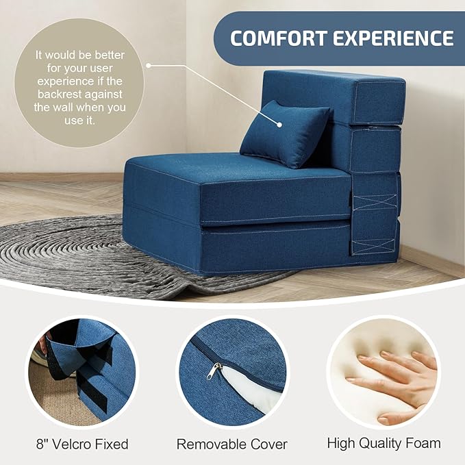 Folding Sofa Bed with Pillow- Convertible Chair Floor Couch & Sleeping Mattress, Foldable Memory Foam Sleeper for Living Room/Dorm/Guest Room/Home Office/Apartment/Loft, Single28, Navy Blue