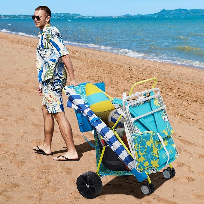 Beach Cart with Big Wheels for Sand, Collapsible All-Terrain Beach Wagon with Cooler Bag & Umbrella Holder, Large Mesh Storage, Supports 100lbs for Camping, Outdoor, Shopping, Palm Print