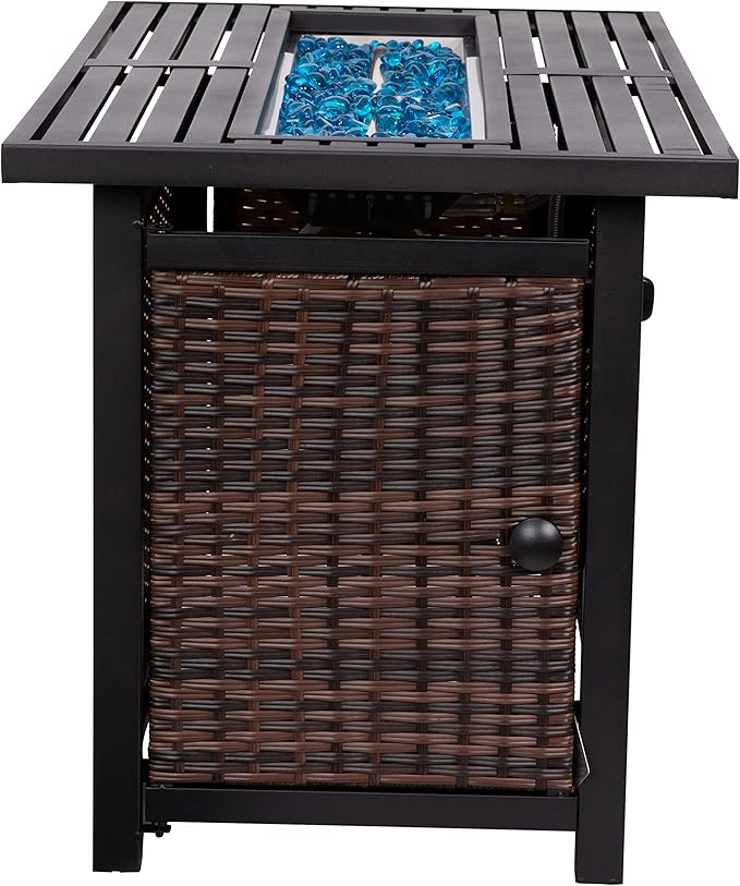 EMMA + OLIVER Ilya Propane Fire Table - Weather Resistant Wicker Base - Steel Top - 50,000 BTU's - Fits Standard Propane Tank (Not Included) - Includes Glass Beads