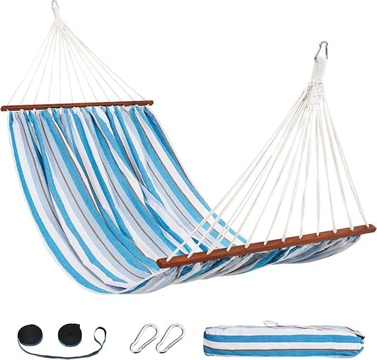 Lazy Daze Hammocks Cotton Fabric Spreader Bar Hammock, Outdoor Portable Hammock with Carrying Bag & Tree Straps for Bedroom, Patio, Backyard, Balcony, Max 450lbs Capacity, Blue & White