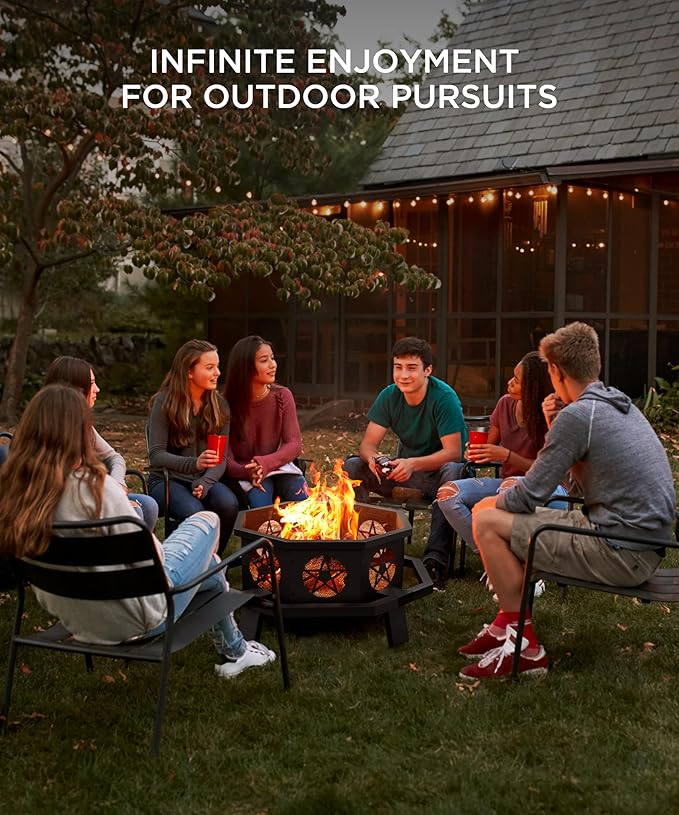 43 inch Fire Pit, Outdoor Fire Pits with Cooking Grill, Wood Burning Fire Pits for Outside, Octagonal Heavy Duty Large Firepit with Poker for Bonfire, Backyard, Camping, Bronze