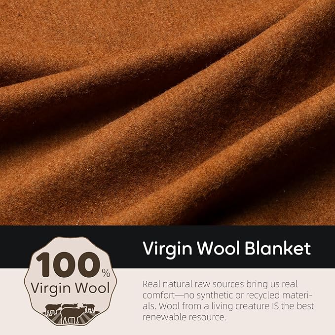 100% Wool Blanket, 62" x 86", Warm, Thick, Washable, Military Wool Blanket, Great for Camping, Outdoors, Sporting Events, Survival Kits, Dark Camel