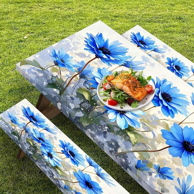 CAPSCEOLL Fitted Picnic Table Cover with Bench Covers with Elastic 6Ft Waterproof Camping Picnic Table Cover Cloths for Outdoors Camping Tablecloth with Drawstring Bag, 72X30in, Blue Flowers