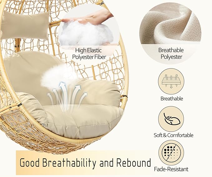 DoubleTT Indoor/Outdoor Wicker Swing Egg Chair Hammock Hanging Chair Nest Basket with Stand, UV Resistant Removable & Washable Cushions,350LBS Capacity for Bedroom, Balcony, Garden (Yellow and Beige)