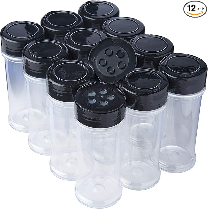 12 Pack of 6 Oz. Empty Clear Plastic Spice Bottles with Black Top Lids For Storing and Dispensing Salt, Sweeteners and Spices - Food-Grade Spice Jars for Kitchen and Home Spice Organization