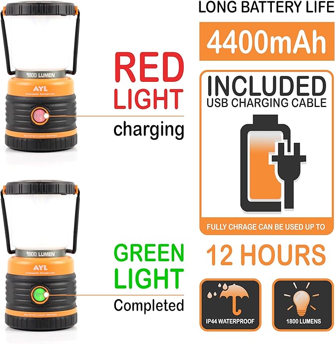LED Camping Lantern Rechargeable, 1800LM, 4 Light Modes, 4400mAh Power Bank, IP44 Waterproof, Perfect Lantern Flashlight for Hurricane, Emergency, Power Outages, Home and More, with USB Cable (2 Pack)