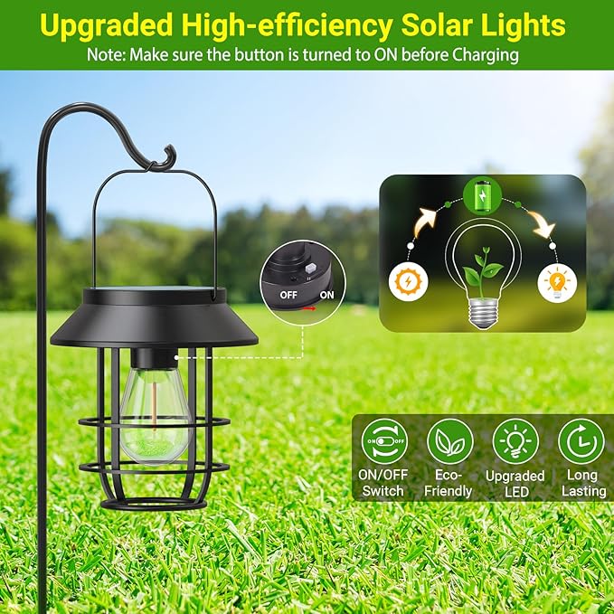 Solar Lanterns Outdoor Waterproof, High Brightness Hanging Solar Lights for Outside with Wall Hooks, Halloween Decor Retro Metal Outdoor Lanterns Auto On/Off for Patio, Yard Decor, Black,2Pack