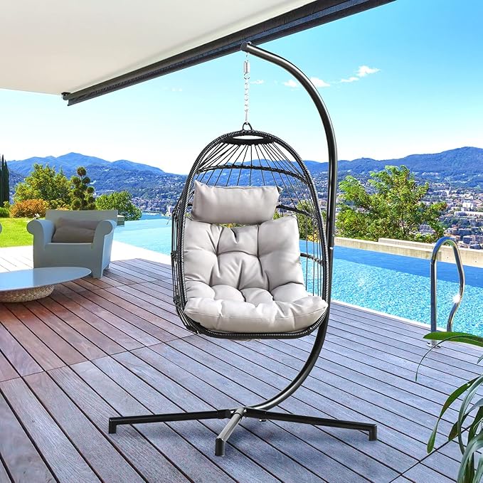 PRIVATE GARDEN Indoor Outdoor Hanging Egg Swing Chair with Stand Wicker Hammock Chairs with Folding Aluminum Frame Grey Water-Repellent Cushion for Patio Bedroom Balcony 330lbs Capacity