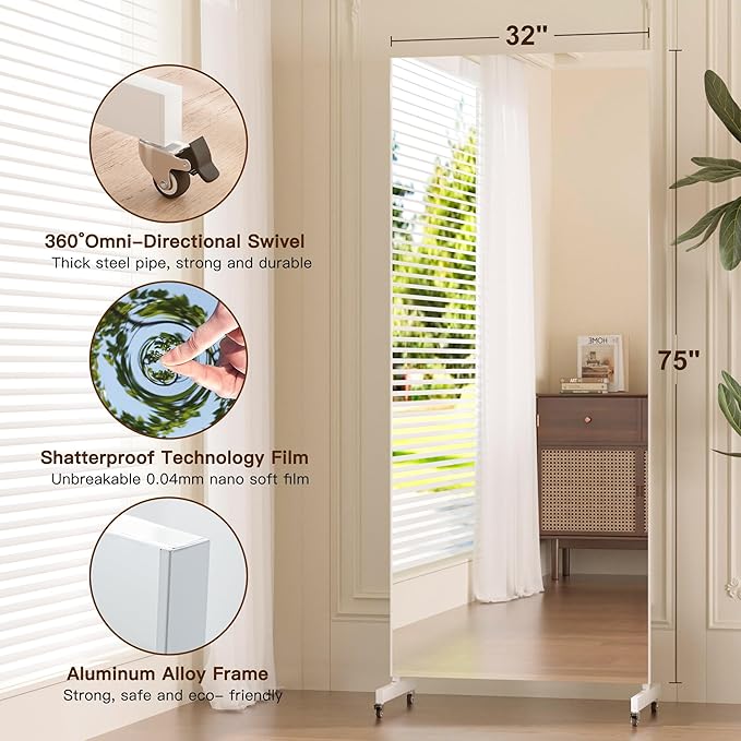 brisafe Home Gym Mirror 360° Swivel on Wheels, 75" X 32" Nano Film Super Lightweight Unbreakable Full Length Mirror for Yoga, Dance Studio, White