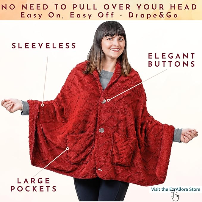 Boho Chic Wearable Blanket -No Sleeves Easy On Easy Off- Lightweight Wrap Shawl - Lap Blanket - Gifts for Her Wife and Mom (Jacquard - Burgundy)