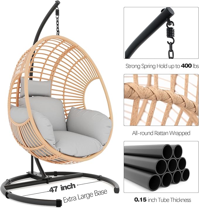 Oversized Hanging Egg Chair Set of 2 Outdoor Indoor, Wicker Swing Egg Chair with Stand 400lbs Capacity for Bedroom, Patio, Garden and Balcony
