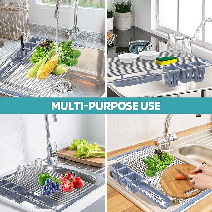 Extra Large Expandable Roll Up Dish Drying Rack Up to 22.8''with 2 Storage Baskets,Over The Sink Kitchen Rolling up Dish Drainer Dish Drying Rack in Sink, Foldable,Rollable,for Kitchen Dishes,Fruits