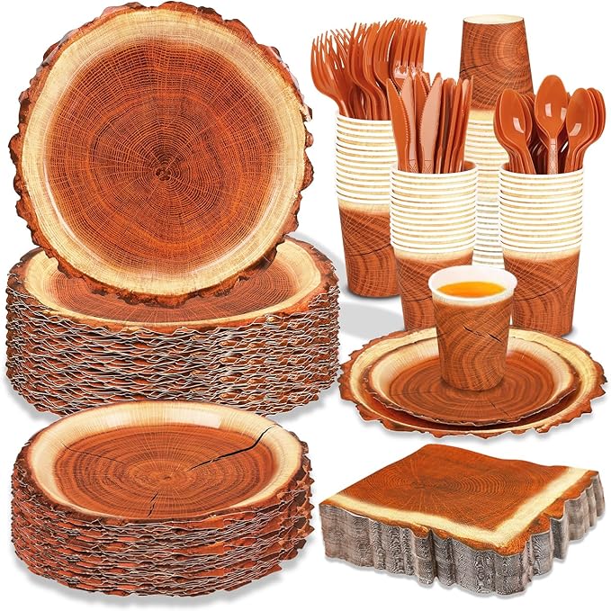200 Pieces Camping Wood Grain Slice Party Supplies Set Paper Plate Cup Napkin for Camping Woodland Baby Shower Lumberjack Birthday Featuring a Round Wooden Slice Die Cut Edge Design Serve 25