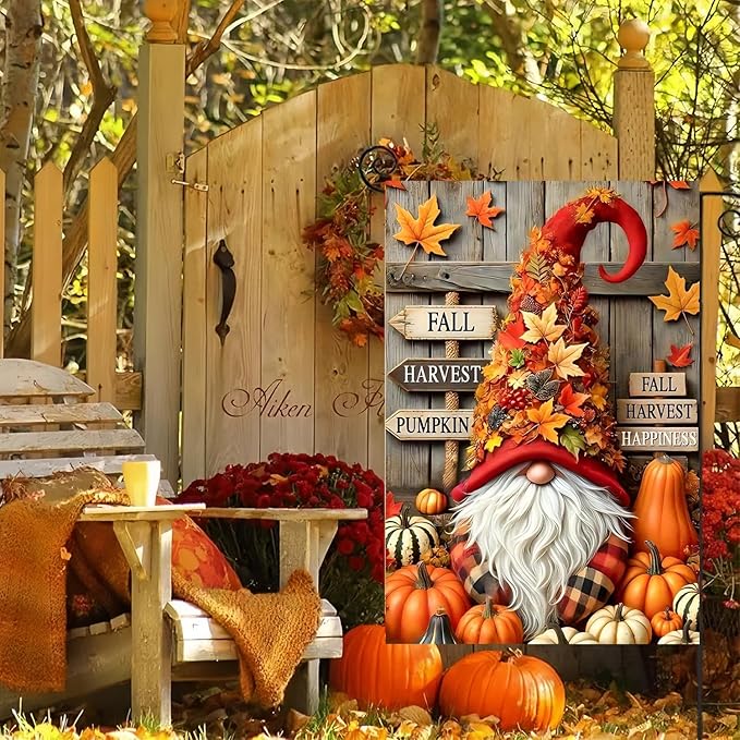 Gnome Garden Flag 12X18 Inch Double Side,Pumpkin Fall Yard Flag,Small Garden Flag Outside Decorative,Outdoor Fall Flag for Holiday Courtyard Lawn Patio
