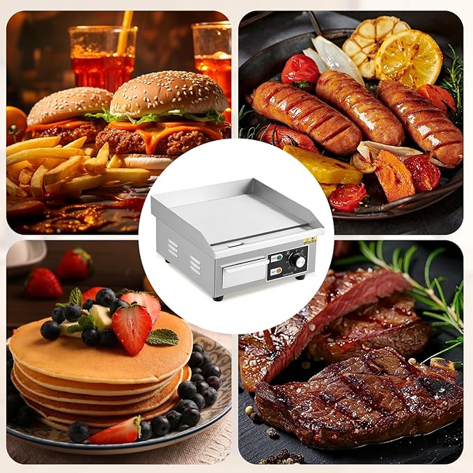 GarveeHome 14 In Commercial Electric Griddle,110V 1500W Electric Restaurant Teppanyaki Flat Top Grill with Shovels & Brushes, Non-Stick Countertop Griddle, Adjustable Temperature Control 122°F-572°F