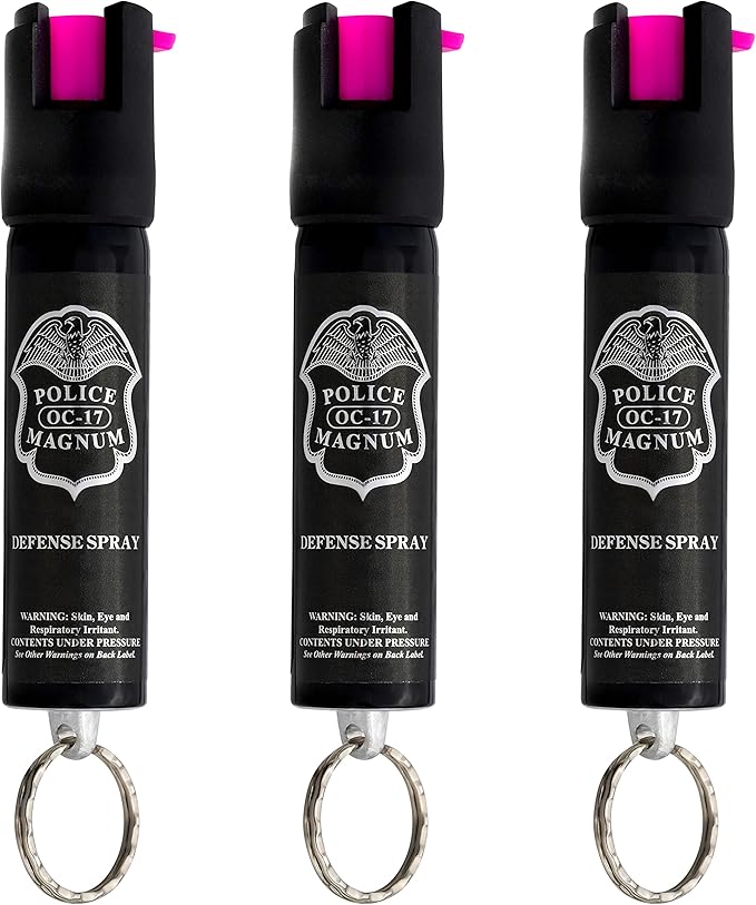 Police Magnum Small Pepper Spray Self Defense Safety Tool- Strong Built-in Keychain Holder- Compact Discreet Canister- Made in The USA- 1 Pack 3/4oz Twist Lock Keyring