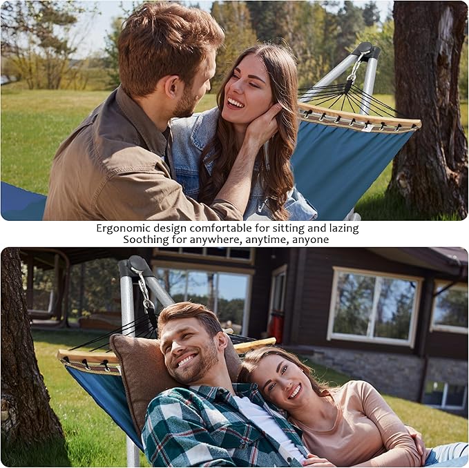 Tranquillo Ultimate Relaxation Portable Hammock Stand, Foldable Hammock Stand with Canvas Hammock, Spreader Bar, Quick Fold Unfold in 30 Seconds Steel Frame Hammock 600 lbs Capacity, White/Blue