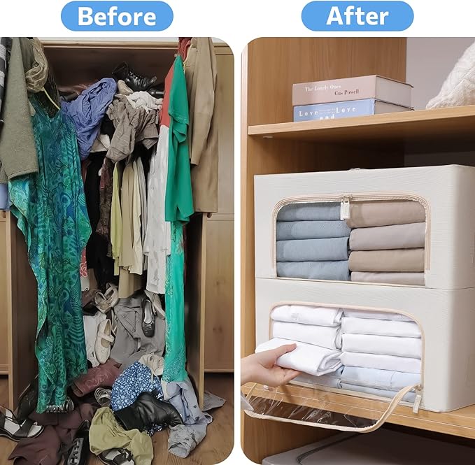 3Pack Frame Storage Box - Clothes Storage Bin Bags Oxford Fabric Foldable Stackable Container Organizer Set with Clear Window & Carry Handles (Beige, Medium-44L)