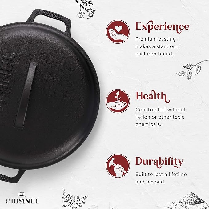 Cuisinel Cast Iron Dutch Oven - 7-Quart Deep Pot + Lid + Pan Scraper + Handle Covers - Large Pre-Seasoned Cooker for Baking Bread, Soup, Frying - Indoor/Outdoor Kitchen, Camping, Fire, BBQ Safe